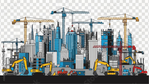 Urban Construction Site Illustration with Cranes, Skyscrapers, and Heavy Machinery. Real Estate Development and Engineering Vector Concept.