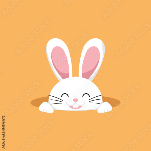 Cute white rabbit peeking from a hole on orange background vector illustration for kids character and Easter greeting design