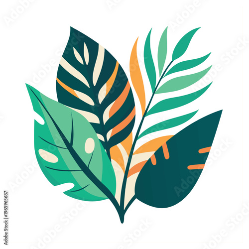 Arrangement of tropical leaves in vibrant colors and varying shapes, creating a botanical and fresh composition.