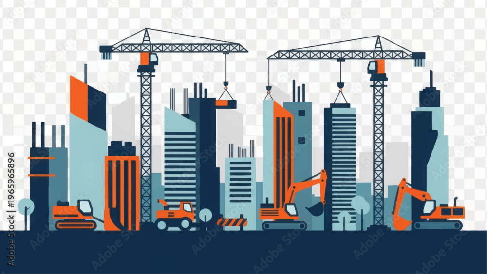 Fototapeta premium Urban Construction Site Skyline Illustration with Cranes, Diggers, and Modern Buildings