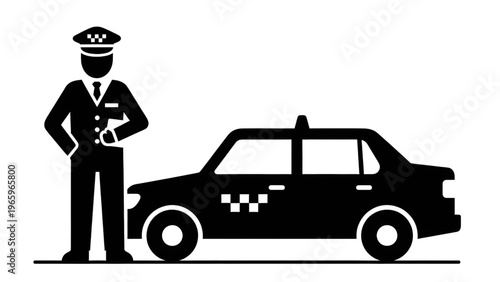 Taxi Driver Standing Beside Car Silhouette Illustration