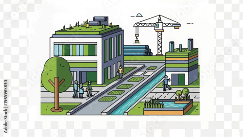 Eco-Friendly Cityscape Illustration. Sustainable Urban Planning, Green Architecture, and Modern Construction Development Concept.