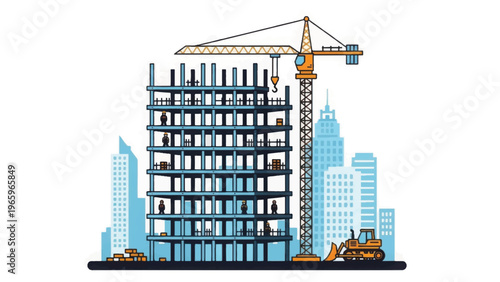 City Construction Site Vector Illustration with Tower Crane and Skyscraper Framework. Building Development and Urban Engineering Concept.