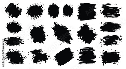 A collection of abstract black brush strokes and splatters arranged on a white background creating a dynamic silhouette high quality professional
