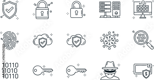 Advanced Cybersecurity Icon Set Featuring Lock, Shield, Fingerprint, Data Protection, Hacker Prevention, and Digital Security for Websites, Apps, and Digital Media