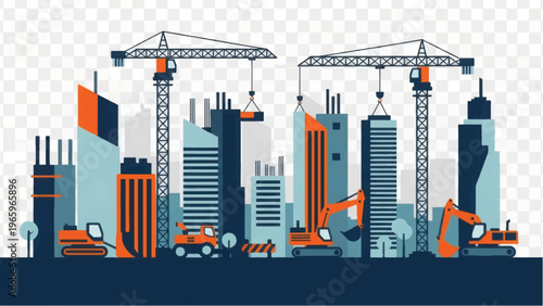 Urban Construction Site Skyline Illustration with Cranes, Diggers, and Modern Buildings