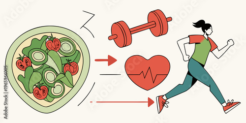 Healthy food and fitness leads to healthy heart and life. vector icon