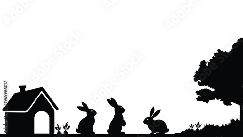 Black silhouette of rabbits and house in nature at night vector illustration for minimalist Easter or animal concept design