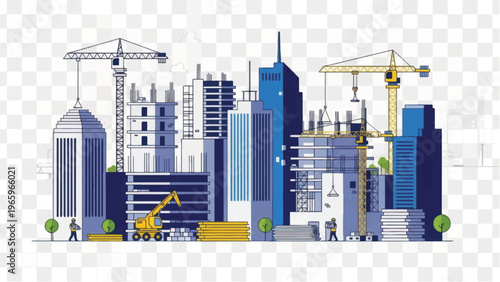 Modern City Construction Site Illustration with Cranes, Skyscraper Development, and Workers. Urban Engineering Vector Art on Transparent Background.
