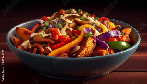 Colorful vegetable stir fry with bell peppers and onions in dark blue bowl on wooden table background