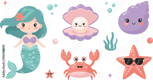 Cute Mermaid and Sea Animals Cartoon Set with Starfish, Crab, Shell and Coral Elements, Adorable Underwater Characters for Kids Illustration and Sticker Design