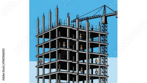 Skyscraper Construction Site Illustration: Concrete Frame, Workers, and Tower Crane