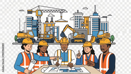 Diverse Construction Team Meeting Reviewing Blueprints: Urban Planning and Engineering Collaboration Illustration