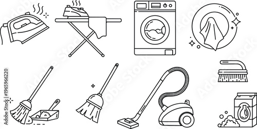 Cleaning and Laundry Line Icons Set with Household Equipment, Iron, Washing Machine, Vacuum Cleaner and Tools, Outline Vector Collection for Home Service Design