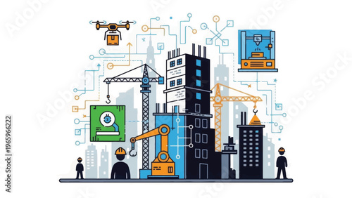 Smart Construction Technology Illustration: Digital Transformation, IoT Network, Robotics, Drone Delivery, and Automated Building Site Infrastructure.