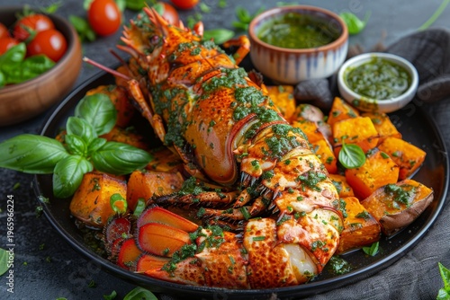 Roasted whole lobster with herb butter and golden sweet potato chunks on elegant black serving platter