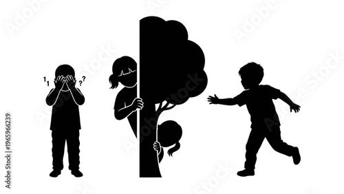 Children playing hide and seek outdoors in silhouette
