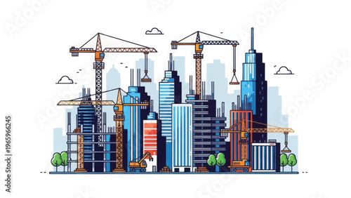 City Construction Site Vector Illustration. Urban Skyline Development with Modern Skyscrapers and Active Tower Cranes on White Background.