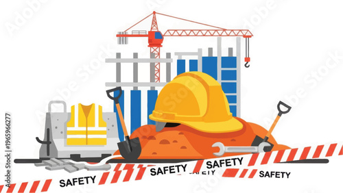 Construction Site Safety Gear and Tools: Industrial Hard Hat, Crane, Scaffolding, and Warning Tape Illustration.
