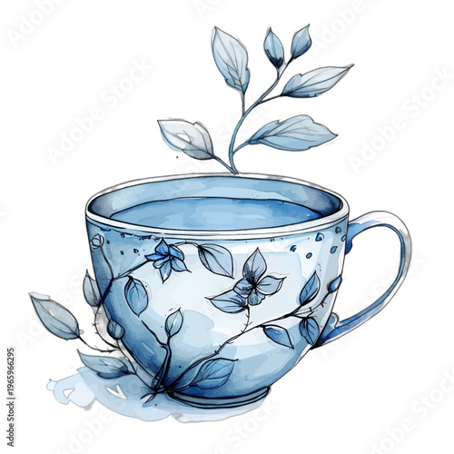 Watercolor botanical blue teacup with delicate floral pattern and leaves
