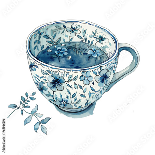 Watercolor blue floral teacup with botanical pattern and herbal tea
