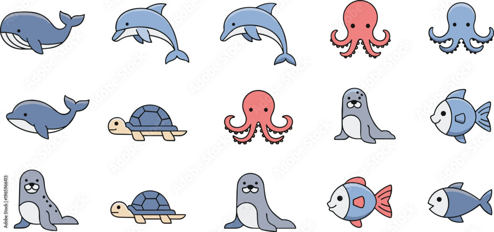 Fototapeta premium Cute Sea Animals Cartoon Set with Dolphin, Whale, Octopus, Seal, Turtle and Fish, Adorable Marine Characters Collection for Kids Illustration and Sticker Design
