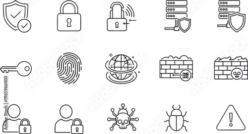 Network and Cybersecurity Icon Set Featuring Lock, Shield, Firewall, Fingerprint, Key, and Virus Protection for Websites, Apps, and Digital Media
