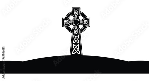 A striking black silhouette of a celtic cross standing on a small hill against a white background silhouette high quality professional