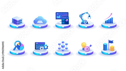 Set of isometric technology and business icons including cloud computing, data analytics, automation, charts, financial growth and digital transformation elements