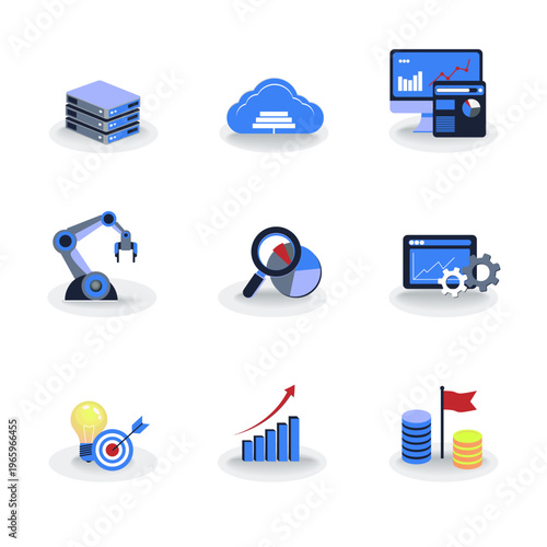 Set of modern business and technology vector icons in flat style