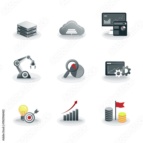 Set of modern vector icons in flat style, including server, cloud computing, data analytics dashboard, robotic automation, financial growth chart, target strategy