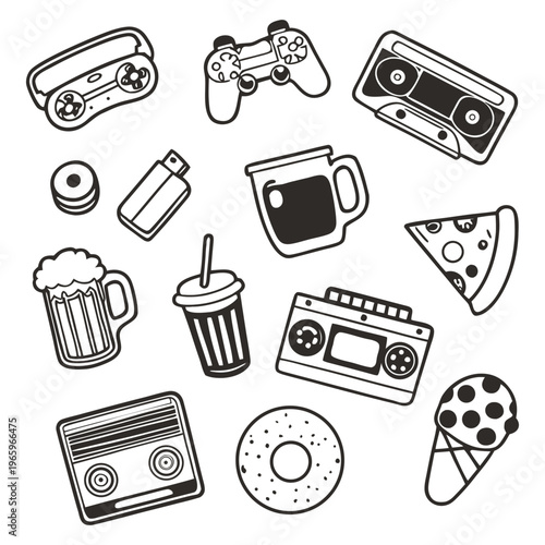 Set of hand-drawn doodle icons in black and white featuring a mix of retro technology, gaming controllers, and food items