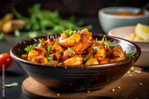 Spicy garlic shrimp with fresh herbs in rustic brown bowl placed on wooden board with dark background