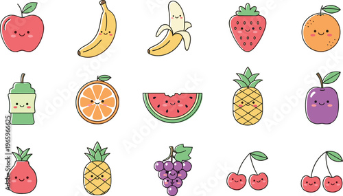 Cute Fruit Cartoon Icons Set with Apple, Banana, Strawberry, Orange, Watermelon and More, Adorable Food Characters Collection for Kids Illustration and Sticker Design