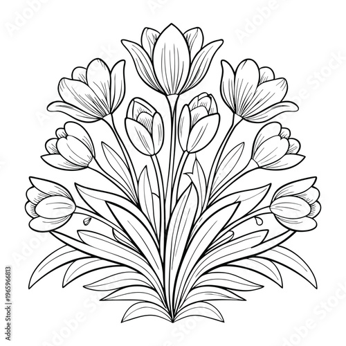 Elegant black and white line art illustration of a bouquet of spring flowers, featuring tulips and daffodils with long flowing leaves