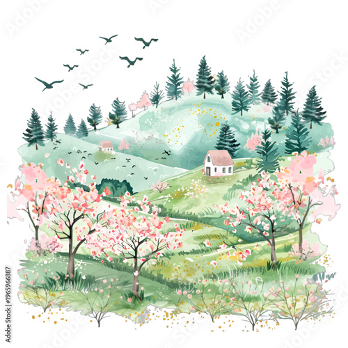 Watercolor spring landscape with rolling hills, cozy cottage, and blooming cherry blossoms
