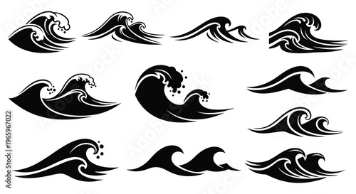 A collection of black wave designs in various curling shapes presented as bold striking silhouettes high quality professional detailed modern elegant