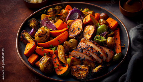 Savory Roasted Delights: A vibrant plate showcases an array of roasted vegetables and perfectly cooked meats, promising a symphony of flavors and textures for a delightful culinary experience.
