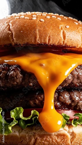 Delicious Double Cheeseburger with Melted Cheddar Cheese and Fresh Lettuce on a Sesame Seed Bun