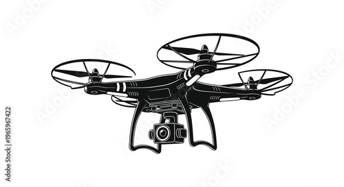 A detailed black and white illustration of a modern drone with a camera presented as a striking silhouette high quality professional