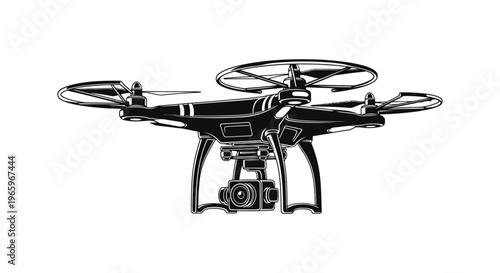 A black and white graphic depiction of a modern quadcopter drone in flight showcasing its intricate design silhouette high quality
