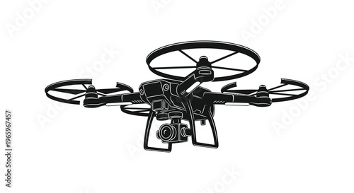 A detailed black and white illustration of a modern quadcopter drone with a camera presented as a silhouette high quality professional