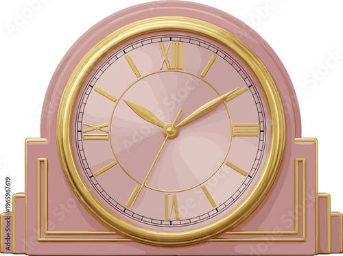 Vintage Art Deco mantel clock vector with pink body and gold trim for luxury home decor and time management concept