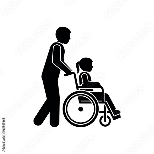 Caregiver pushing a person in a wheelchair symbolizing support and assistance for individuals with disabilities.