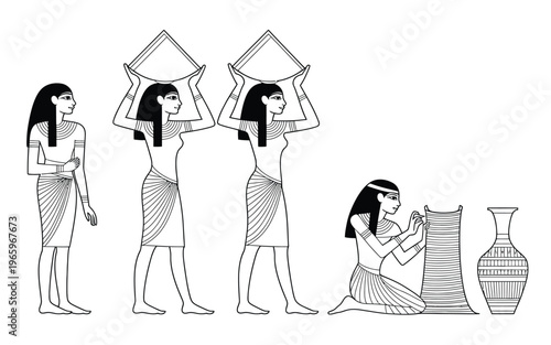 Ancient Egyptian women illustration, black and white daily life artwork showing traditional attire, weaving, and basket carrying cultural heritage design.