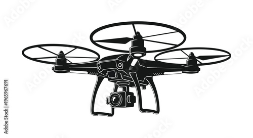 A black silhouette of a modern quadcopter drone with a camera showcasing aerial technology and innovation silhouette high quality professional detailed