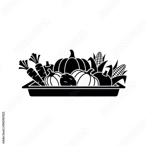 Harvest festival vegetables and fruits in a tray.