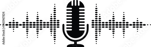 Microphone waveform silhouette illustration, black vintage mic with dotted audio wave for podcasting, radio, recording studio, and sound editing