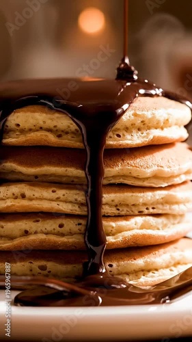 Golden Brown Pancakes Stack Drizzled With Rich Dark Chocolate Syrup Warm Lighting Soft Bokeh Background