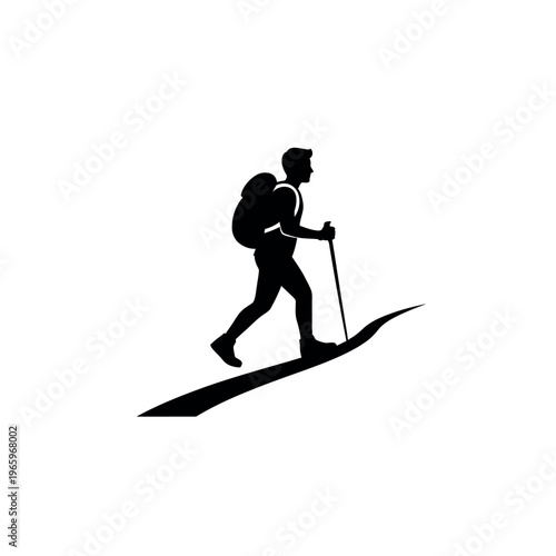 Silhouette of a hiker with a backpack and walking stick.